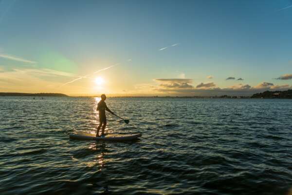 A person on a surfboard in the ocean at sunset.