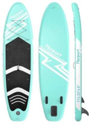 Inflatable turquoise paddleboard with black deck.