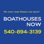 Boathouses Now poster with blue background