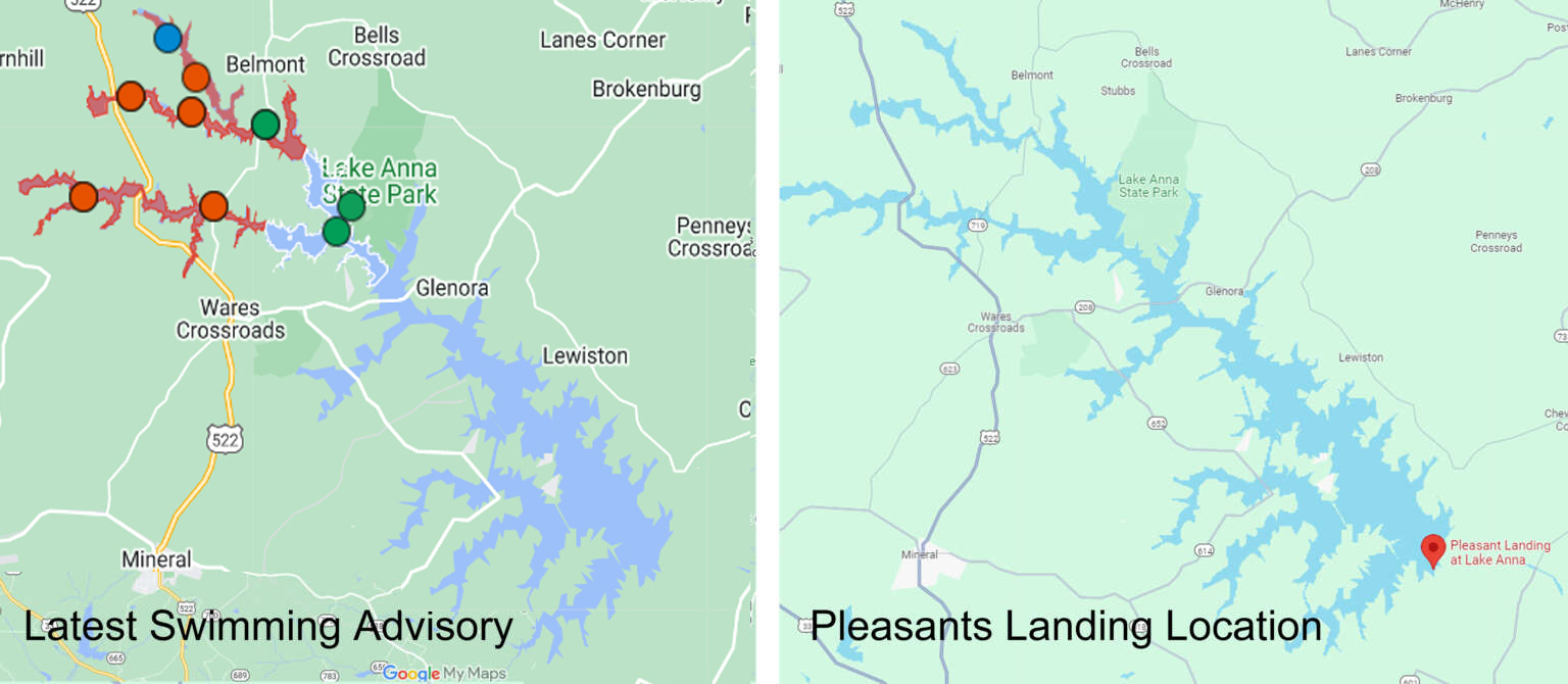 Lake Anna swimming advisory map with location marker.