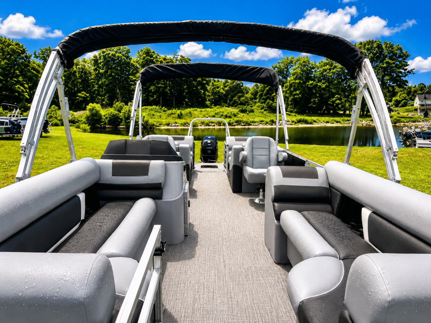 Pontoon boat interior overlooking lake
