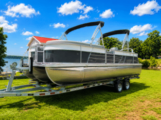 Pontoon boat on trailer by the lake